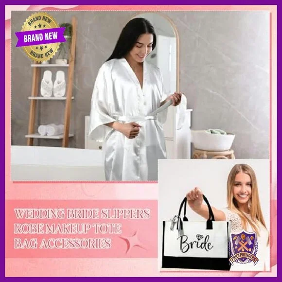 Bridal Robe Slippers Tote Makeup Bag Set Silk Canvas Pearl Decor